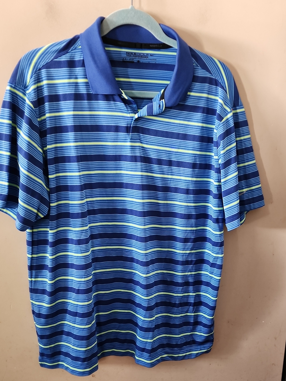 Nike Golf  Blue Striped Polo with Light Blue and Yellow Accents